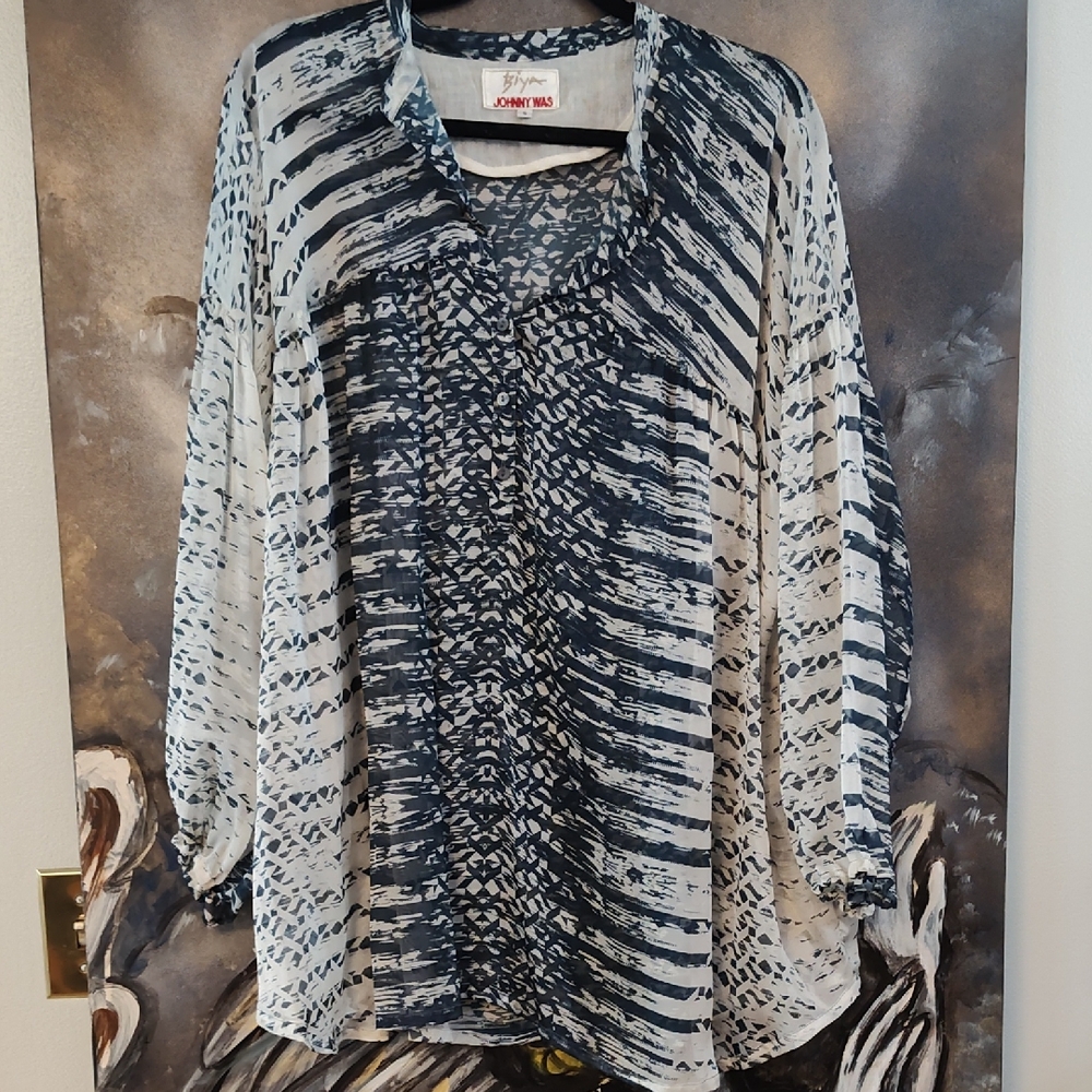 Johnny Was Navy and White Patterned Blouse